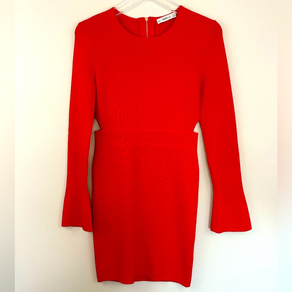 Zara Knit Red Bodycon Mini Dress with Bell Sleeves and Waist Cutouts, Sz M